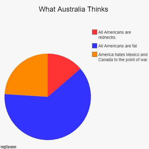 What Australia Thinks | America hates Mexico and Canada to the point of war., All Americans are fat, All Americans are rednecks | image tagged in funny,pie charts | made w/ Imgflip chart maker