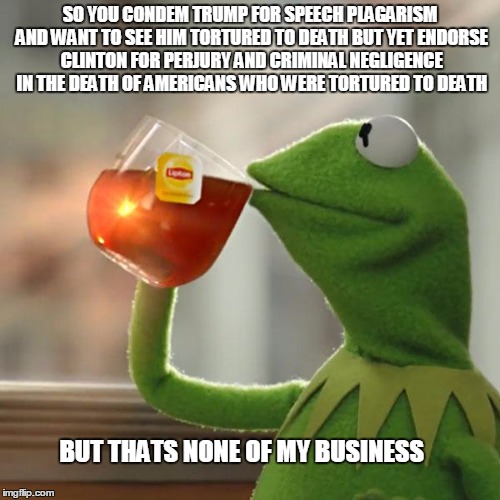 But That's None Of My Business Meme | SO YOU CONDEM TRUMP FOR SPEECH PLAGARISM AND WANT TO SEE HIM TORTURED TO DEATH BUT YET ENDORSE CLINTON FOR PERJURY AND CRIMINAL NEGLIGENCE IN THE DEATH OF AMERICANS WHO WERE TORTURED TO DEATH; BUT THATS NONE OF MY BUSINESS | image tagged in memes,but thats none of my business,kermit the frog | made w/ Imgflip meme maker