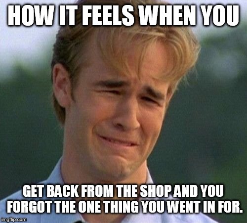 1990s First World Problems Meme | HOW IT FEELS WHEN YOU; GET BACK FROM THE SHOP AND YOU FORGOT THE ONE THING YOU WENT IN FOR. | image tagged in memes,1990s first world problems | made w/ Imgflip meme maker