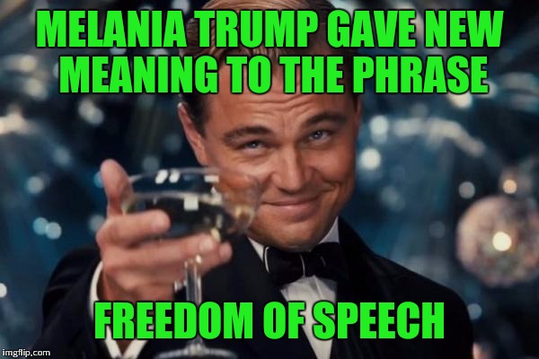 Cheers melania | MELANIA TRUMP GAVE NEW MEANING TO THE PHRASE; FREEDOM OF SPEECH | image tagged in memes,leonardo dicaprio cheers | made w/ Imgflip meme maker
