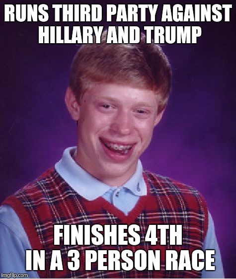 Bad Luck Brian | RUNS THIRD PARTY AGAINST HILLARY AND TRUMP; FINISHES 4TH IN A 3 PERSON RACE | image tagged in memes,bad luck brian | made w/ Imgflip meme maker