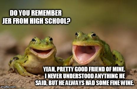 two happy frogs  | DO YOU REMEMBER JER FROM HIGH SCHOOL? YEAH, PRETTY GOOD FRIEND OF MINE. I NEVER UNDERSTOOD ANYTHING HE SAID, BUT HE ALWAYS HAD SOME FINE WINE. | image tagged in two happy frogs | made w/ Imgflip meme maker