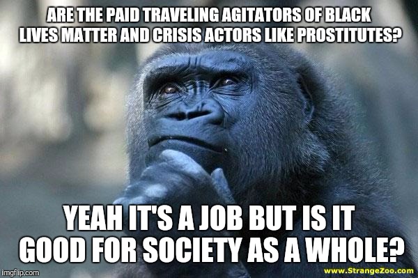 Deep Thoughts | ARE THE PAID TRAVELING AGITATORS OF BLACK LIVES MATTER AND CRISIS ACTORS LIKE PROSTITUTES? YEAH IT'S A JOB BUT IS IT GOOD FOR SOCIETY AS A WHOLE? | image tagged in deep thoughts | made w/ Imgflip meme maker