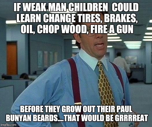 That Would Be Great Meme | IF WEAK MAN CHILDREN  COULD LEARN CHANGE TIRES, BRAKES, OIL, CHOP WOOD, FIRE A GUN; BEFORE THEY GROW OUT THEIR PAUL BUNYAN BEARDS....THAT WOULD BE GRRRREAT | image tagged in memes,that would be great | made w/ Imgflip meme maker