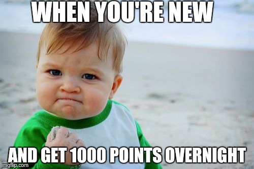 Success Kid Original | WHEN YOU'RE NEW; AND GET 1000 POINTS OVERNIGHT | image tagged in memes,success kid original | made w/ Imgflip meme maker