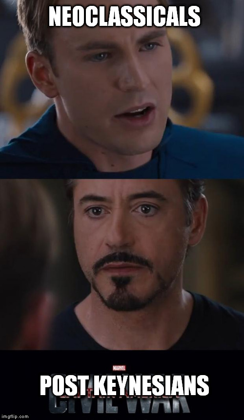 Marvel Civil War | NEOCLASSICALS; POST KEYNESIANS | image tagged in memes,marvel civil war | made w/ Imgflip meme maker