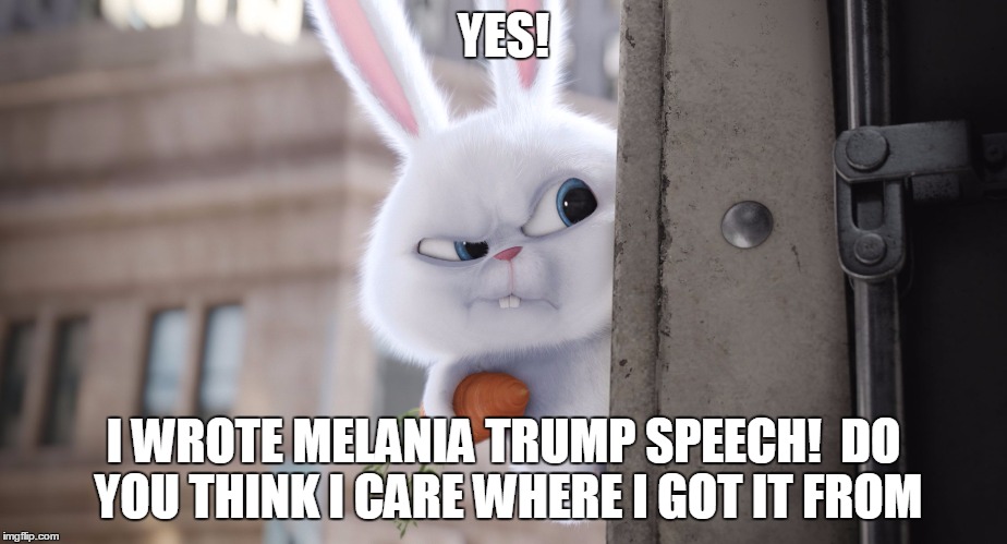 Secret Life of Pets - Snowball | YES! I WROTE MELANIA TRUMP SPEECH! 
DO YOU THINK I CARE WHERE I GOT IT FROM | image tagged in secret life of pets - snowball | made w/ Imgflip meme maker