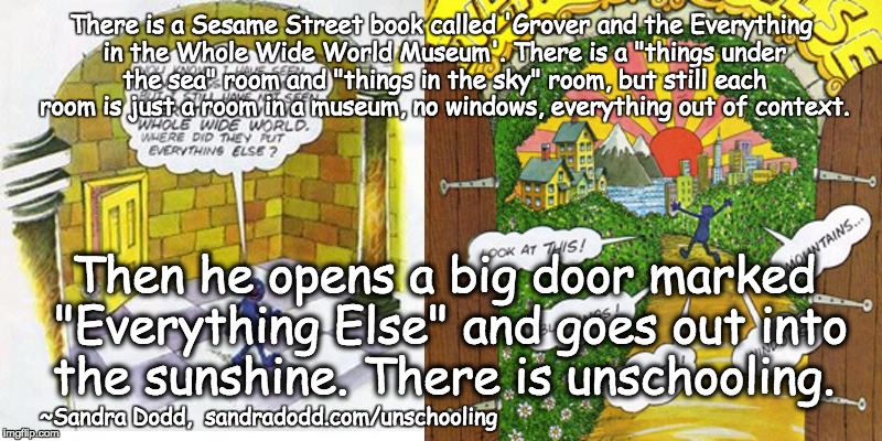 There is a Sesame Street book called 'Grover and the Everything in the Whole Wide World Museum'. There is a "things under the sea" room and "things in the sky" room, but still each room is just a room in a museum, no windows, everything out of context. Then he opens a big door marked "Everything Else" and goes out into the sunshine. There is unschooling. ~Sandra Dodd,  sandradodd.com/unschooling | made w/ Imgflip meme maker