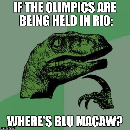 Philosoraptor Meme | IF THE OLIMPICS ARE BEING HELD IN RIO:; WHERE'S BLU MACAW? | image tagged in memes,philosoraptor | made w/ Imgflip meme maker