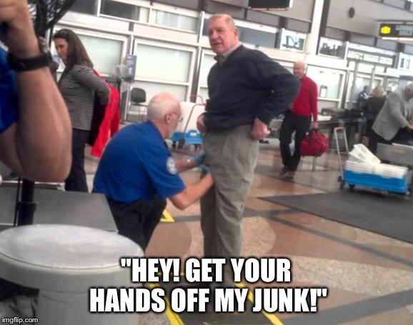 Frisked. | "HEY! GET YOUR HANDS OFF MY JUNK!" | image tagged in bad touch,tsa,airport,security,junk | made w/ Imgflip meme maker