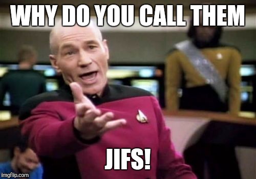 ITS PRONOUNCED GIFS! | WHY DO YOU CALL THEM; JIFS! | image tagged in memes,picard wtf | made w/ Imgflip meme maker