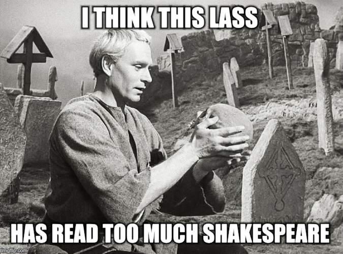 Hamlet | I THINK THIS LASS HAS READ TOO MUCH SHAKESPEARE | image tagged in hamlet | made w/ Imgflip meme maker