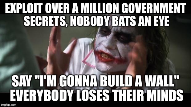 And everybody loses their minds | EXPLOIT OVER A MILLION GOVERNMENT SECRETS, NOBODY BATS AN EYE; SAY "I'M GONNA BUILD A WALL" EVERYBODY LOSES THEIR MINDS | image tagged in memes,and everybody loses their minds | made w/ Imgflip meme maker