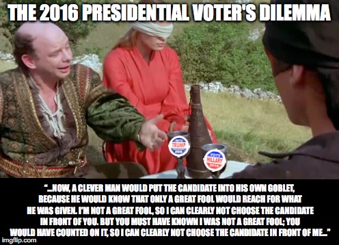  THE 2016 PRESIDENTIAL VOTER'S DILEMMA; “...NOW, A CLEVER MAN WOULD PUT THE CANDIDATE INTO HIS OWN GOBLET, BECAUSE HE WOULD KNOW THAT ONLY A GREAT FOOL WOULD REACH FOR WHAT HE WAS GIVEN. I'M NOT A GREAT FOOL, SO I CAN CLEARLY NOT CHOOSE THE CANDIDATE IN FRONT OF YOU. BUT YOU MUST HAVE KNOWN I WAS NOT A GREAT FOOL; YOU WOULD HAVE COUNTED ON IT, SO I CAN CLEARLY NOT CHOOSE THE CANDIDATE IN FRONT OF ME...” | image tagged in hillary clinton,donald trump,voters,presidential election,the princess bride | made w/ Imgflip meme maker