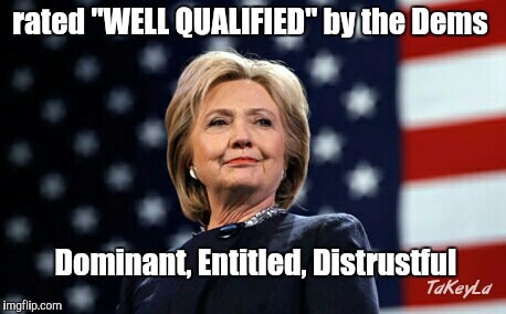 rated "WELL QUALIFIED" by the Dems; Dominant, Entitled, Distrustful | image tagged in hillary clinton 2016 | made w/ Imgflip meme maker