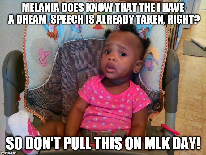 MELANIA DOES KNOW THAT THE I HAVE A DREAM  SPEECH IS ALREADY TAKEN, RIGHT? SO DON'T PULL THIS ON MLK DAY! | image tagged in melania trump,michelle obama speech | made w/ Imgflip meme maker