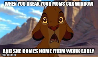 Scared Simba | WHEN YOU BREAK YOUR MOMS CAR WINDOW; AND SHE COMES HOME FROM WORK EARLY | image tagged in scared simba | made w/ Imgflip meme maker