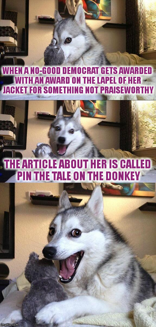 Bad Pun Dog | WHEN A NO-GOOD DEMOCRAT GETS AWARDED WITH AN AWARD ON THE LAPEL OF HER JACKET FOR SOMETHING NOT PRAISEWORTHY; THE ARTICLE ABOUT HER IS CALLED PIN THE TALE ON THE DONKEY | image tagged in memes,bad pun dog | made w/ Imgflip meme maker