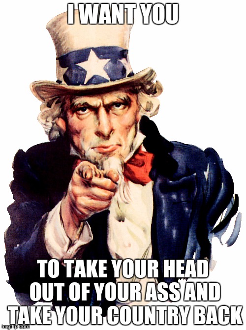 Uncle Sam pointing finger | I WANT YOU; TO TAKE YOUR HEAD OUT OF YOUR ASS AND TAKE YOUR COUNTRY BACK | image tagged in uncle sam pointing finger | made w/ Imgflip meme maker