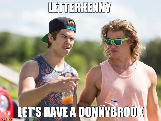 Letterkenny - Donnybrook | LETTERKENNY; LET'S HAVE A DONNYBROOK | image tagged in letterkenny,farm,farmer,comedy,hockey,fight | made w/ Imgflip meme maker