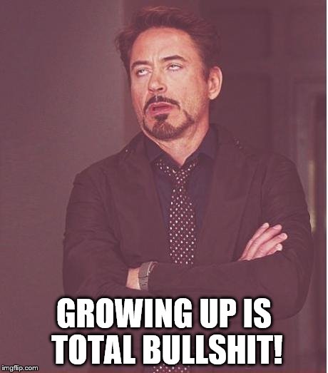 Face You Make Robert Downey Jr | GROWING UP IS TOTAL BULLSHIT! | image tagged in memes,face you make robert downey jr | made w/ Imgflip meme maker