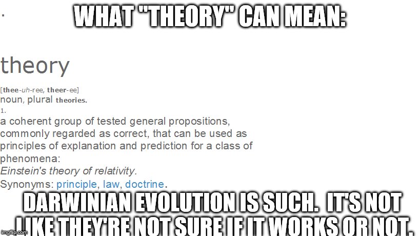 def of evolution | WHAT "THEORY" CAN MEAN:; DARWINIAN EVOLUTION IS SUCH.  IT'S NOT LIKE THEY'RE NOT SURE IF IT WORKS OR NOT. | image tagged in science | made w/ Imgflip meme maker