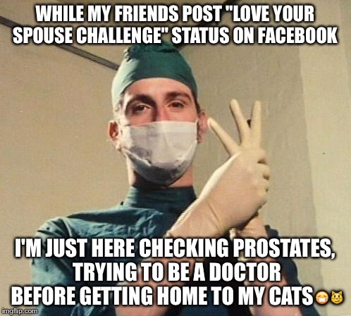 Doctor | WHILE MY FRIENDS POST "LOVE YOUR SPOUSE CHALLENGE" STATUS ON FACEBOOK; I'M JUST HERE CHECKING PROSTATES, TRYING TO BE A DOCTOR BEFORE GETTING HOME TO MY CATS😷😼 | image tagged in doctor | made w/ Imgflip meme maker