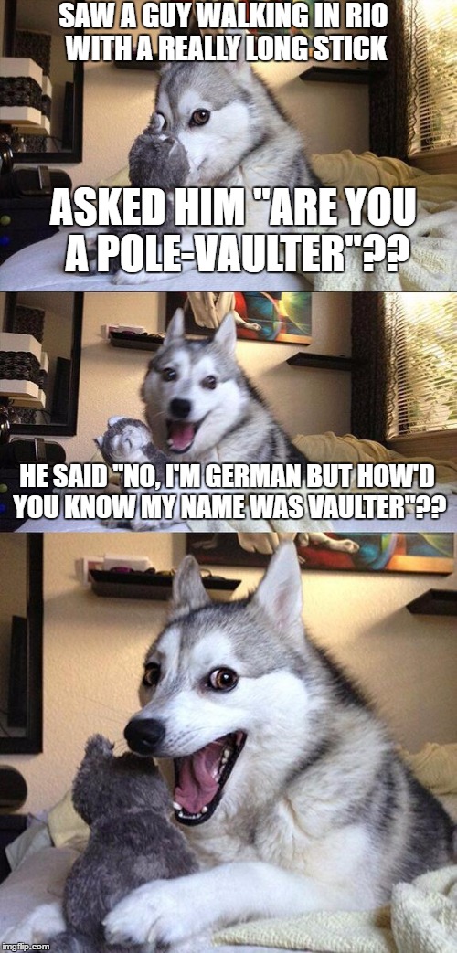 Bad Pun Dog | SAW A GUY WALKING IN RIO WITH A REALLY LONG STICK; ASKED HIM "ARE YOU A POLE-VAULTER"?? HE SAID "NO, I'M GERMAN BUT HOW'D YOU KNOW MY NAME WAS VAULTER"?? | image tagged in memes,bad pun dog,olympics,funny memes,funny meme,dad joke dog | made w/ Imgflip meme maker