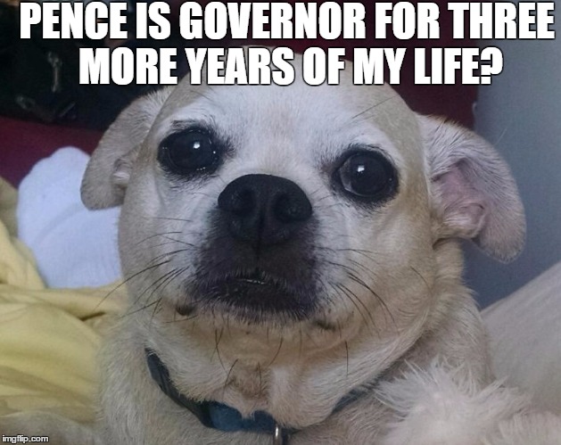 Pugs against Pence | PENCE IS GOVERNOR FOR THREE MORE YEARS OF MY LIFE? | image tagged in sad pug,mike pence,democrats | made w/ Imgflip meme maker