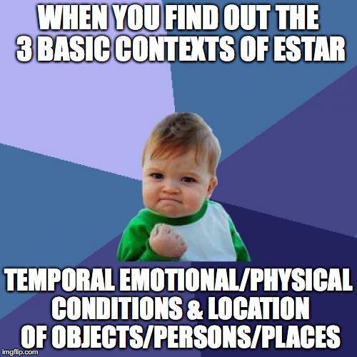 Success Kid Meme | WHEN YOU FIND OUT THE 3 BASIC CONTEXTS OF ESTAR; TEMPORAL EMOTIONAL/PHYSICAL CONDITIONS & LOCATION OF OBJECTS/PERSONS/PLACES | image tagged in memes,success kid | made w/ Imgflip meme maker