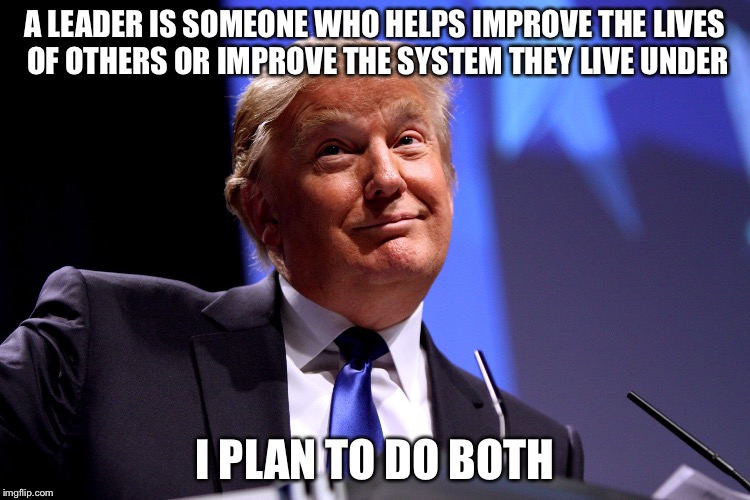 Donald Trump No2 | A LEADER IS SOMEONE WHO HELPS IMPROVE THE LIVES OF OTHERS OR IMPROVE THE SYSTEM THEY LIVE UNDER; I PLAN TO DO BOTH | image tagged in donald trump no2 | made w/ Imgflip meme maker