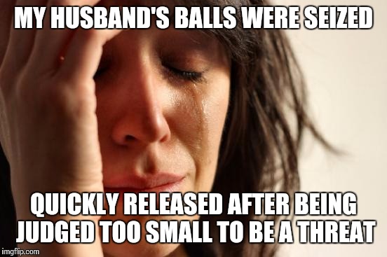 Meanwhile at the RNC  | MY HUSBAND'S BALLS WERE SEIZED; QUICKLY RELEASED AFTER BEING JUDGED TOO SMALL TO BE A THREAT | image tagged in memes,first world problems | made w/ Imgflip meme maker