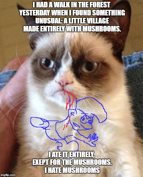 #Blue lives matter,too | I HAD A WALK IN THE FOREST YESTERDAY WHEN I FOUND SOMETHING UNUSUAL: A LITTLE VILLAGE MADE ENTIRELY WITH MUSHROOMS. I ATE IT ENTIRELY, EXEPT FOR THE MUSHROOMS. I HATE MUSHROOMS | image tagged in memes,grumpy cat | made w/ Imgflip meme maker