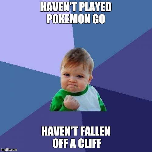 Success Kid Meme | HAVEN'T PLAYED POKEMON GO; HAVEN'T FALLEN OFF A CLIFF | image tagged in memes,success kid | made w/ Imgflip meme maker