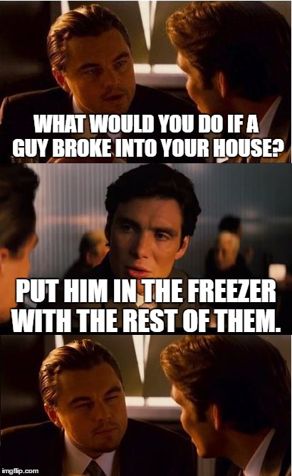 Inception | WHAT WOULD YOU DO IF A GUY BROKE INTO YOUR HOUSE? PUT HIM IN THE FREEZER WITH THE REST OF THEM. | image tagged in memes,inception | made w/ Imgflip meme maker