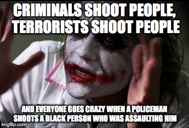 Everyone loses their minds | CRIMINALS SHOOT PEOPLE, TERRORISTS SHOOT PEOPLE; AND EVERYONE GOES CRAZY WHEN A POLICEMAN SHOOTS A BLACK PERSON WHO WAS ASSAULTING HIM | image tagged in everyone loses their minds | made w/ Imgflip meme maker