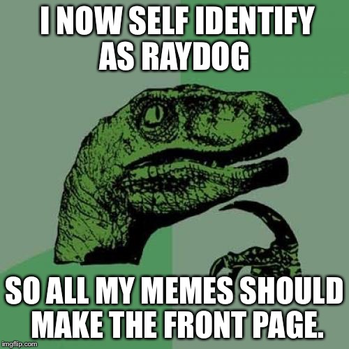 Philosoraptor | I NOW SELF IDENTIFY AS RAYDOG; SO ALL MY MEMES SHOULD MAKE THE FRONT PAGE. | image tagged in memes,philosoraptor | made w/ Imgflip meme maker