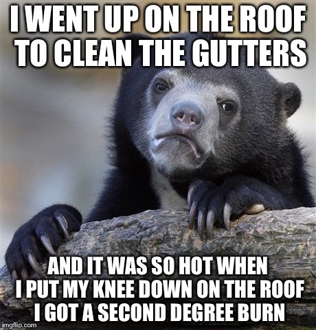 Confession Bear Meme | I WENT UP ON THE ROOF TO CLEAN THE GUTTERS AND IT WAS SO HOT WHEN I PUT MY KNEE DOWN ON THE ROOF I GOT A SECOND DEGREE BURN | image tagged in memes,confession bear | made w/ Imgflip meme maker