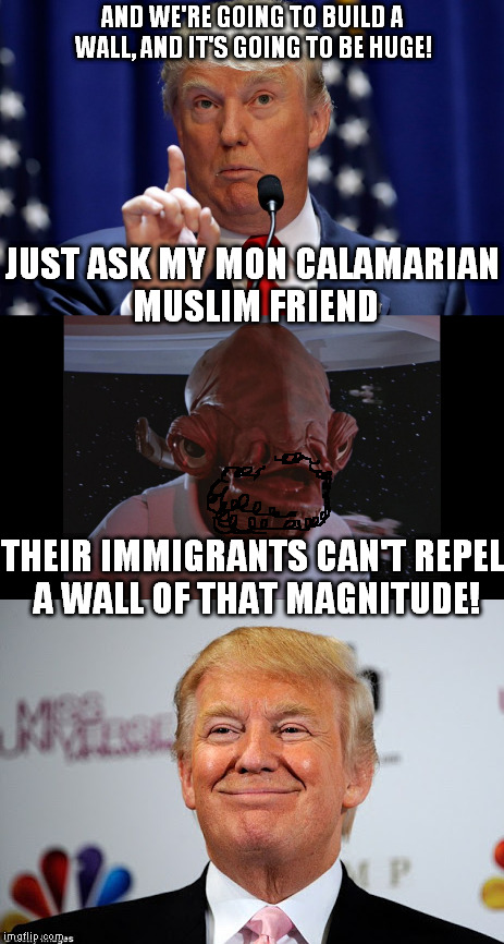 And they're killing the Jedi, throwing them out of skyscrapers these Sith... | AND WE'RE GOING TO BUILD A WALL, AND IT'S GOING TO BE HUGE! JUST ASK MY MON CALAMARIAN MUSLIM FRIEND; THEIR IMMIGRANTS CAN'T REPEL A WALL OF THAT MAGNITUDE! | image tagged in memes,donald trump approves,the wall,admiral ackbar,bad pun jokes,disney killed star wars | made w/ Imgflip meme maker