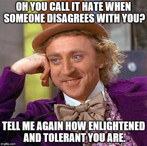 Creepy Condescending Wonka Meme | OH YOU CALL IT HATE WHEN SOMEONE DISAGREES WITH YOU? TELL ME AGAIN HOW ENLIGHTENED AND TOLERANT YOU ARE. | image tagged in memes,creepy condescending wonka | made w/ Imgflip meme maker