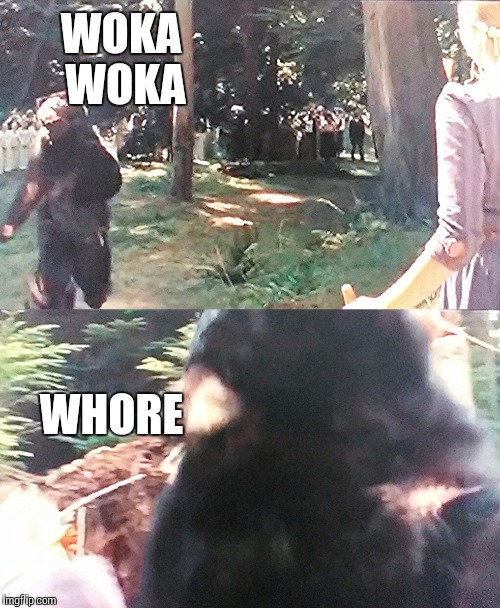 Bear-colas Cage | WOKA WOKA; WHORE | image tagged in nicolas cage,bear | made w/ Imgflip meme maker