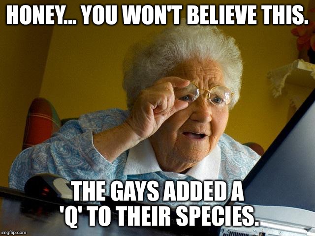 Grandma Finds The Internet Meme | HONEY... YOU WON'T BELIEVE THIS. THE GAYS ADDED A 'Q' TO THEIR SPECIES. | image tagged in memes,grandma finds the internet | made w/ Imgflip meme maker