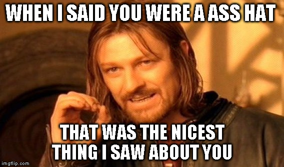 One Does Not Simply | WHEN I SAID YOU WERE A ASS HAT; THAT WAS THE NICEST THING I SAW ABOUT YOU | image tagged in memes,one does not simply | made w/ Imgflip meme maker