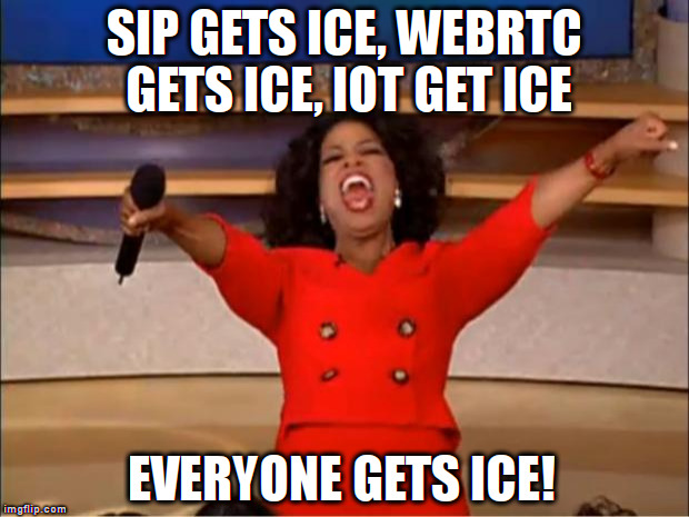 Oprah You Get A Meme | SIP GETS ICE, WEBRTC GETS ICE, IOT GET ICE; EVERYONE GETS ICE! | image tagged in memes,oprah you get a | made w/ Imgflip meme maker