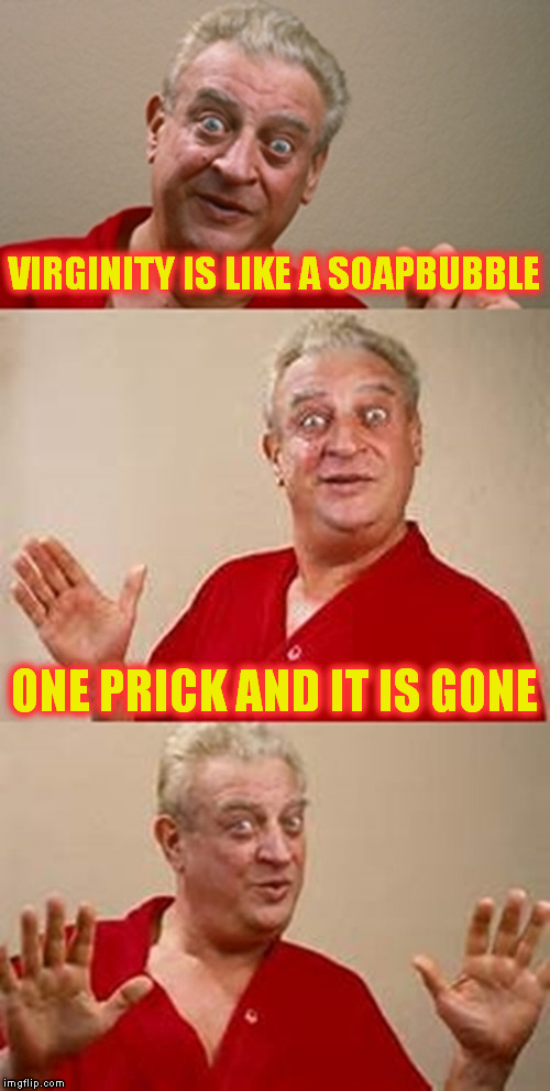 bad pun Dangerfield  | VIRGINITY IS LIKE A SOAPBUBBLE; ONE PRICK AND IT IS GONE | image tagged in bad pun dangerfield | made w/ Imgflip meme maker