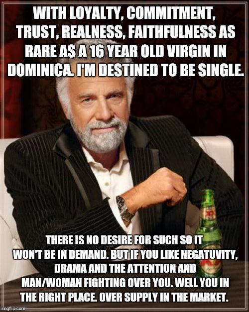 The Most Interesting Man In The World | WITH LOYALTY, COMMITMENT, TRUST, REALNESS, FAITHFULNESS AS RARE AS A 16 YEAR OLD VIRGIN IN DOMINICA. I'M DESTINED TO BE SINGLE. THERE IS NO DESIRE FOR SUCH SO IT WON'T BE IN DEMAND. BUT IF YOU LIKE NEGATUVITY, DRAMA AND THE ATTENTION AND MAN/WOMAN FIGHTING OVER YOU. WELL YOU IN THE RIGHT PLACE. OVER SUPPLY IN THE MARKET. | image tagged in memes,the most interesting man in the world | made w/ Imgflip meme maker