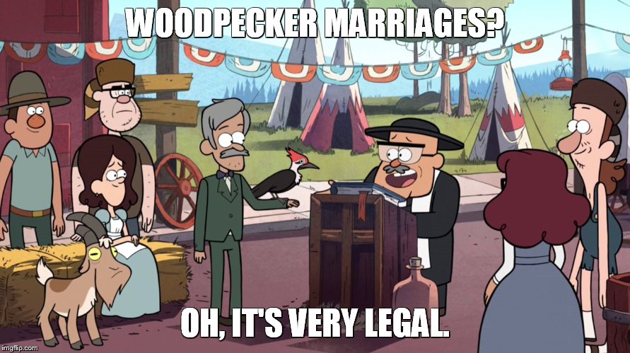 WOODPECKER MARRIAGES? OH, IT'S VERY LEGAL. | image tagged in woodpecker marriage | made w/ Imgflip meme maker