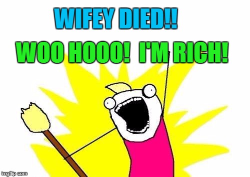 X All The Y Meme | WIFEY DIED!! WOO HOOO!  I'M RICH! | image tagged in memes,x all the y | made w/ Imgflip meme maker