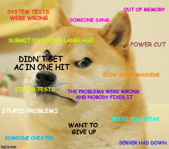 Mad doge | OUT OF MEMORY; SYSTEM TESTS WERE WRONG; SOMEONE SANG; SUBMIT IN WRONG LANGUAGE; POWER CUT; DIDN'T GET AC IN ONE HIT; SLOW JUDGE MACHINE; STUPID TESTS; THE PROBLEMS WERE WRONG AND NOBODY FIXED IT; STUPID PROBLEMS; TESTS TOO WEAK; WANT TO GIVE UP; SOMEONE CHEATED; SERVER HAD DOWN | image tagged in mad doge | made w/ Imgflip meme maker
