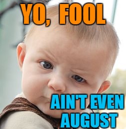 Skeptical Baby Meme | YO,  FOOL AIN'T EVEN AUGUST | image tagged in memes,skeptical baby | made w/ Imgflip meme maker